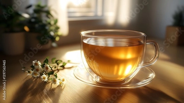 Fototapeta Warm Glass of Tea with Flowers on a Wooden Table in Soft Light