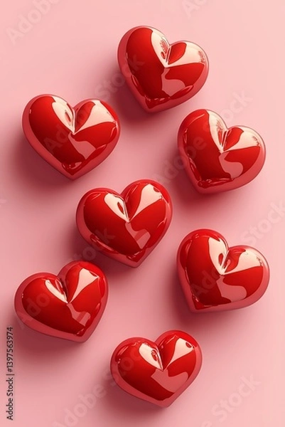 Fototapeta Valentine 3D Heart Set: A collection 3D rendered red heart objects isolated on a pink background, designed for Valentine's Day promotions and decorations.