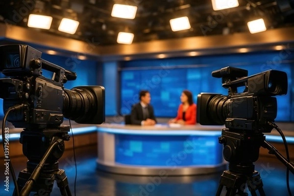 Fototapeta Modern professional television news studio with two anchors discussing latest topics during live broadcast under bright studio lights