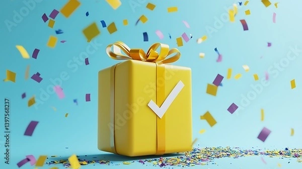 Obraz Yellow gift with confetti and a 3D check mark icon, a festive and celebratory render