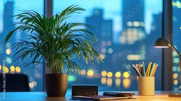 Obraz Night city view from modern home office desk with plant