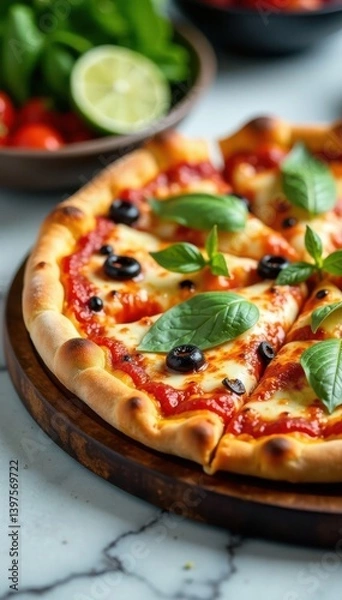 Fototapeta Artisanal pizza with various toppings on a marble surface , food arrangement, marbel table, artisanal pizza