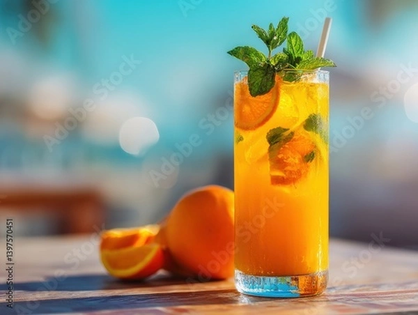 Obraz A tantalizing orange-infused cocktail, garnished with fresh mint leaves, presents a delightful fusion of flavors, evoking a sense of relaxation and zest.