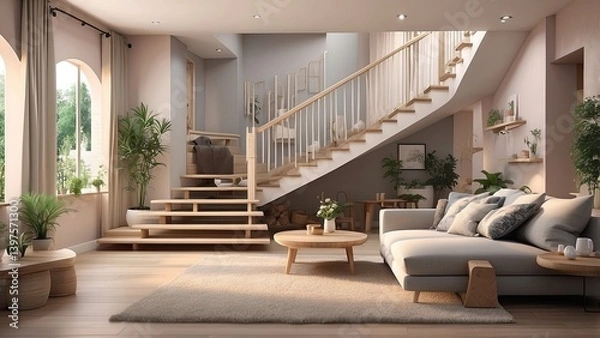 Fototapeta a close up of a house with a staircase and a living room