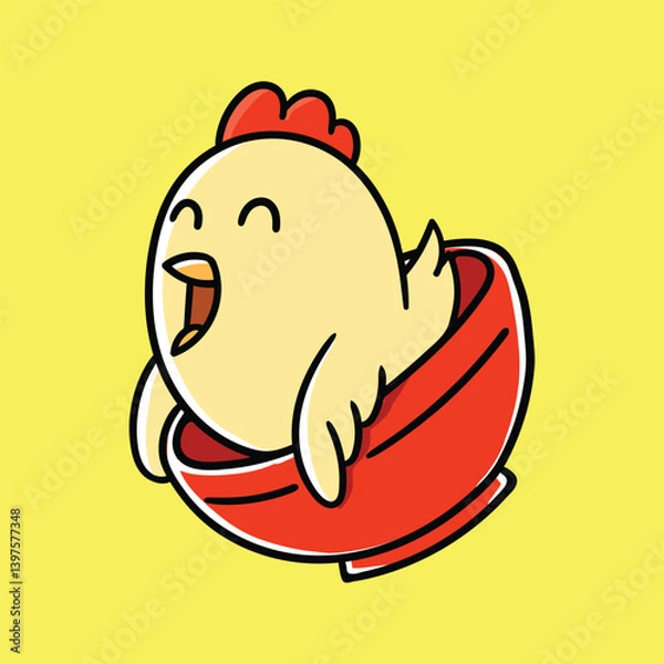 Fototapeta Funny Chicken Character Sitting Happily in Red Bowl