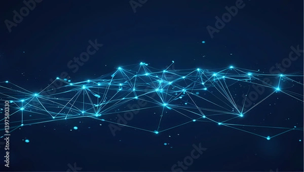 Obraz Glowing blue network of interconnected nodes and lines on a dark blue background.