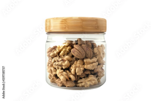 Fototapeta Authentic Snapshot: Walnuts in a Glass Jar with Bamboo Lid Isolated On Transparent Background