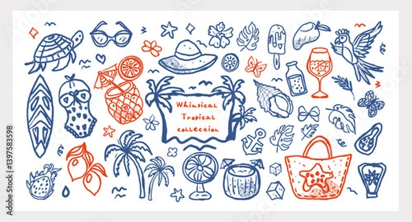 Fototapeta Whimsical Tropical Collection hand drawn summer set with tropical fruits, drinks, beach doodles and sea elements in coral red and ocean blue. Fun and cute. Vector illustration.