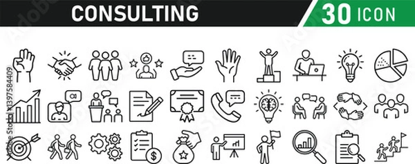 Fototapeta Set of 30 icons related to consulting. Linear icon collection. Editable stroke. Vector illustration collection