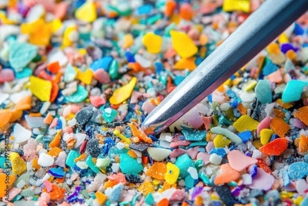 Fototapeta Colorful microplastics scattered on surface, highlighted by meta