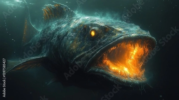 Obraz Fiery-mouthed deep-sea monster fish with glowing eyes, underwater scene.