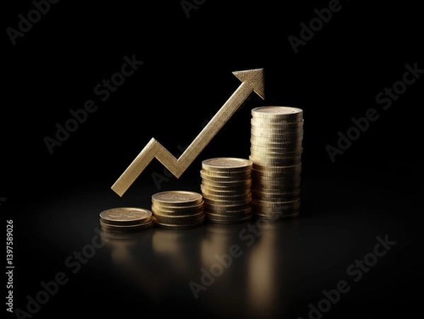 Fototapeta The upward arrow and the 3D icon of a pile of gold coins on a black background show the concept of a rising stock market chart. And with high resolution, clear focus, and centered composition.