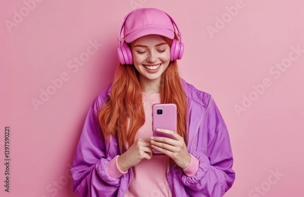 Fototapeta Happy, redheaded woman wearing a pink cap and purple jacket, using a smartphone with headphones, smiling as she holds a mobile phone, isolated against a pastel background, with space for text.