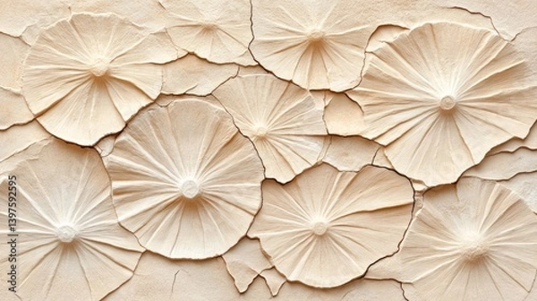 Fototapeta Delicate fossilized flowers emerge from the cracked earth, revealing the artistry of nature in a desert landscape full of history and vivid textures