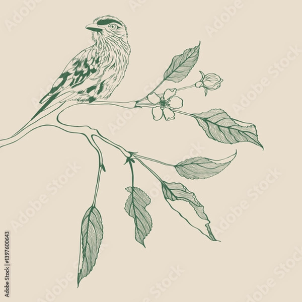 Obraz Lilac breasted Roller bird with apple branch with flowers and leaves. Design element. Line illustration.
