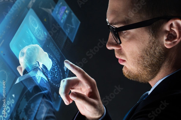 Fototapeta close up of businessman with smart watch
