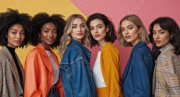 Fototapeta diverse 20s friend group on colorful plain bright background modern chic fashion pose  model portrait  portrait banner with copy space ad concept marketing