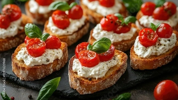 Obraz Toasted bread topped with creamy cheese, roasted cherry tomatoes, and fresh basil (1)