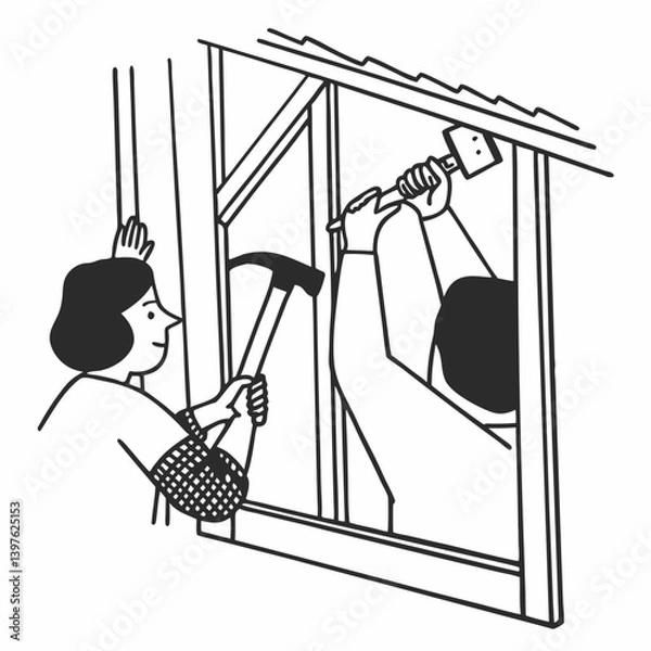 Fototapeta A person doing a DIY home renovation outline simple image. Flat style. Vector illustration.