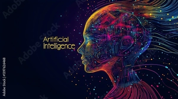 Fototapeta AI's Neural Network: A futuristic image of an artistic human profile, formed from intertwined circuits and data streams, symbolizes the intricate world of artificial intelligence, innovation.
