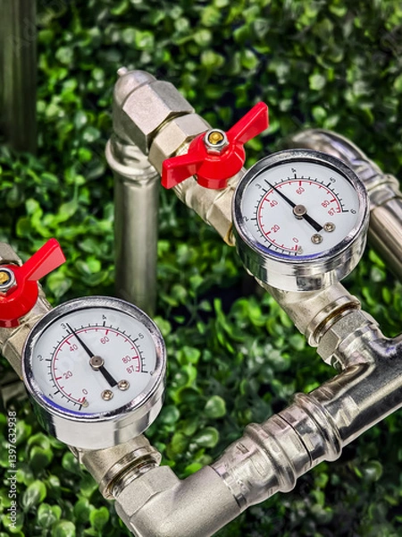 Obraz Close-up view of industrial pressure gauges connected to metal pipes amid lush greenery in a modern installation setting