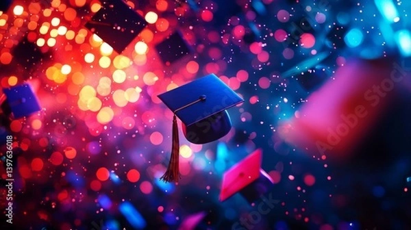 Fototapeta Colorful Graduation Cap Floating in Vibrant Abstract Background