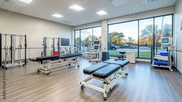 Obraz Modern physiotherapy room with equipment and view of parking lot