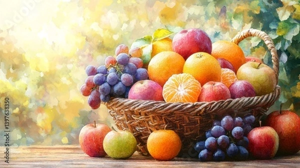 Fototapeta Colorful Fruit Basket Displayed with Soft Natural Backgrounds and Light
