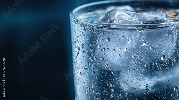Obraz A refreshing glass of ice-cold water with condensation forming on the surface.