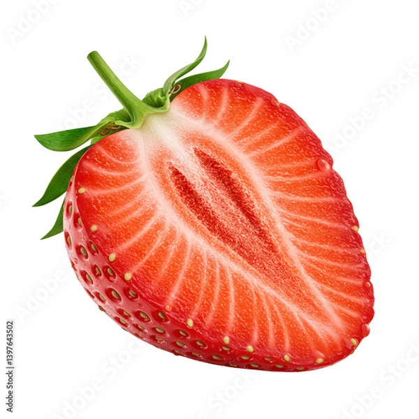Fototapeta Isolated strawberry half fresh fruit red berry cut closeup isolated on a transparent background