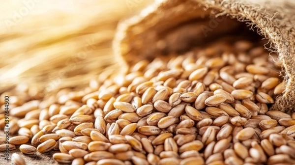 Obraz Wheat grains spilling from burlap sack