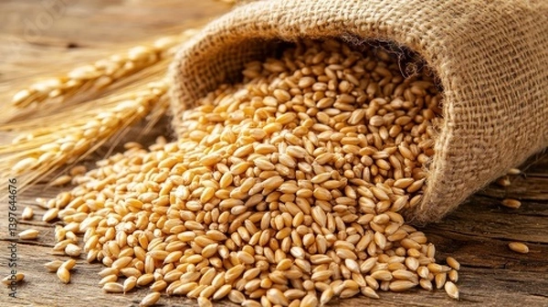 Obraz Wheat grains spilling from burlap sack (1)