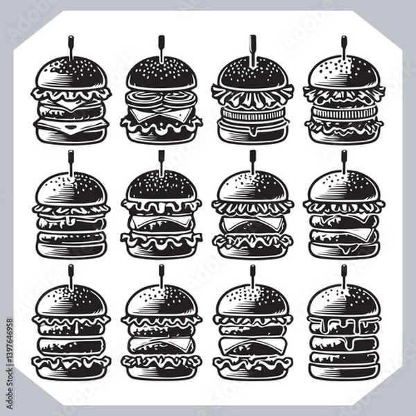 Fototapeta Burger Silhouette Vector Bundle for Cafes and Diners