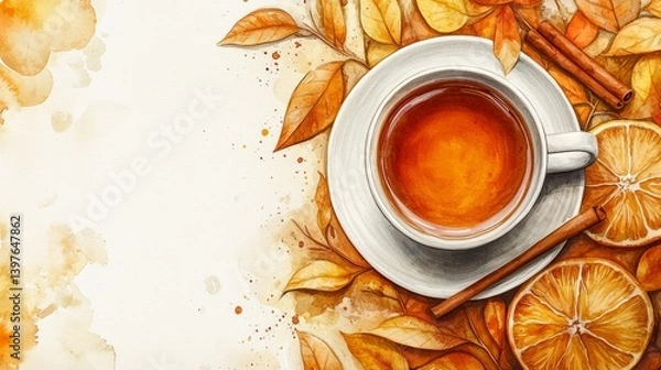 Fototapeta Cozy Autumn Tea with Orange Slices and Cinnamon on Leafy Background