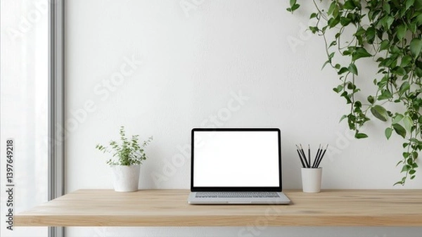 Fototapeta Minimalist desk setup with laptop, plants, and pencils on a wooden table against a white wall.