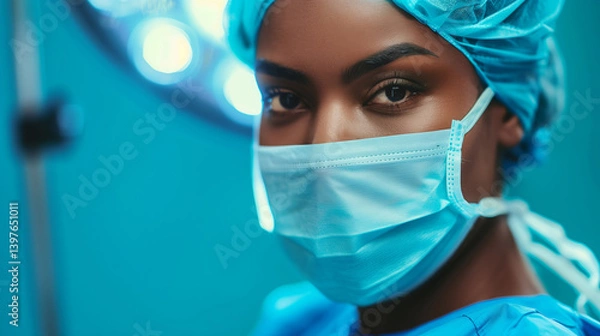 Fototapeta portrait of young dark skinned woman surgeon in the operating room