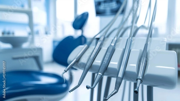 Fototapeta a modern dental chair and equipment in a clinic setting, ideal for illustrating dental practices, oral healthcare, or dentist office settings