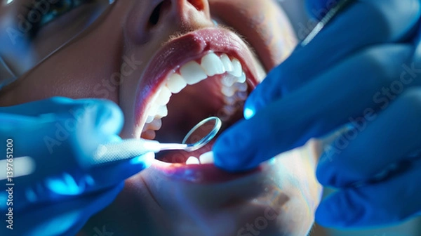 Fototapeta close up of a dentist holding dental tools before patient's mouth