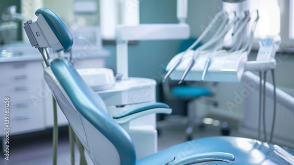 Fototapeta a modern dental chair and equipment in a clinic setting, ideal for illustrating dental practices, oral healthcare, or dentist office settings
