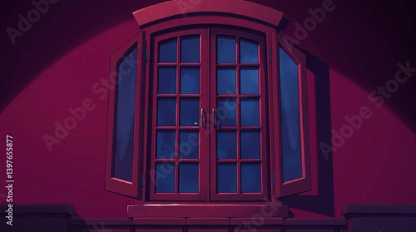 Fototapeta An Isekai anime-style illustration of a window, featuring rich burgundy and deep blue hues, with an expressive composition and a sophisticated and elegant aesthetic.jpg