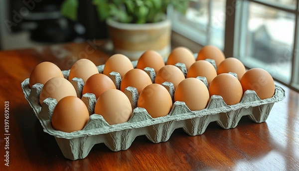 Fototapeta Fifteen brown eggs in a cardboard carton on a wooden table by a window