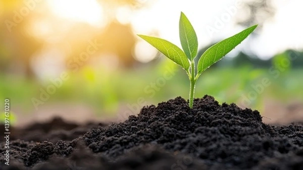 Fototapeta Young green plant sprouting from soil with sunlit background, symbolizing growth and new beginnings in nature.