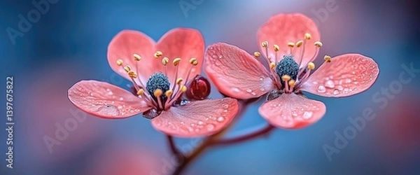 Fototapeta Two delicate, pink flowers with water droplets sit against a blurred, blue background