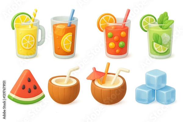 Fototapeta 3D vector icons of summer beverages: Lemonade, Iced tea, Fruit punch, Mojito, Smoothie, Watermelon slice, Coconut drink, Ice cubes. Cool 3D design with fresh colors