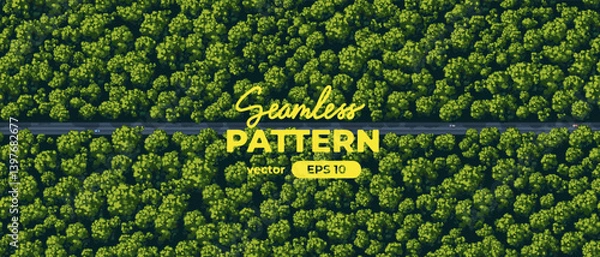 Fototapeta Seamless pattern. Top view of a forest. View from above. Green trees. Wild nature landscape. Car on a winding road. Countryside highway. Mountain serpentine. Vector illustration. Adventure banner.
