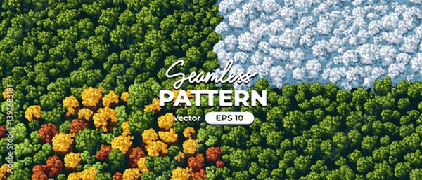 Fototapeta Seamless pattern. Top view of a forest. View from above. Four seasons. Green trees. Winter, autumn, spring and summer. Wild nature landscape. Countryside. Vector illustration. Adventure banner.