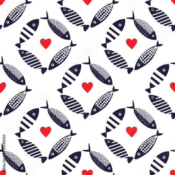 Fototapeta Cute blue sardines and hearts. Kids background.Seamless pattern. Can be used in textile industry, paper, background, scrapbooking.