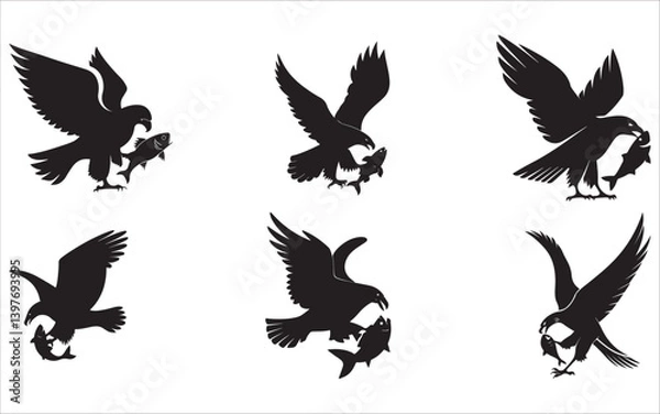 Obraz Eagle Catching Fish Silhouette Set – Predator Bird Logos in Flight