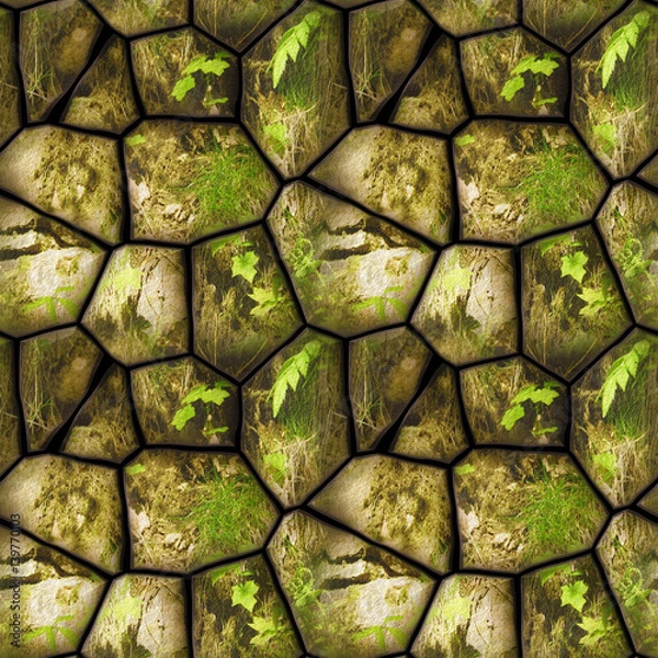 Fototapeta Seamless pattern with leaves, grass and cracked stones. Natural brown, green and yellow background of polygonal stones and plants