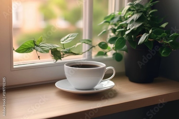 Obraz Coffee cup on windowsill with plants